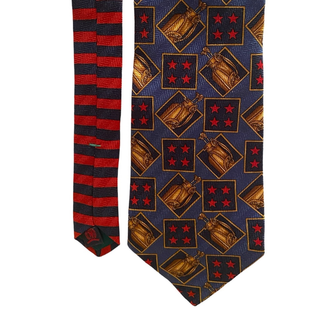 VTG Tommy Hilfiger Golf Bag Tie Necktie Blue Gold Silk Stars Stripes Italy USA